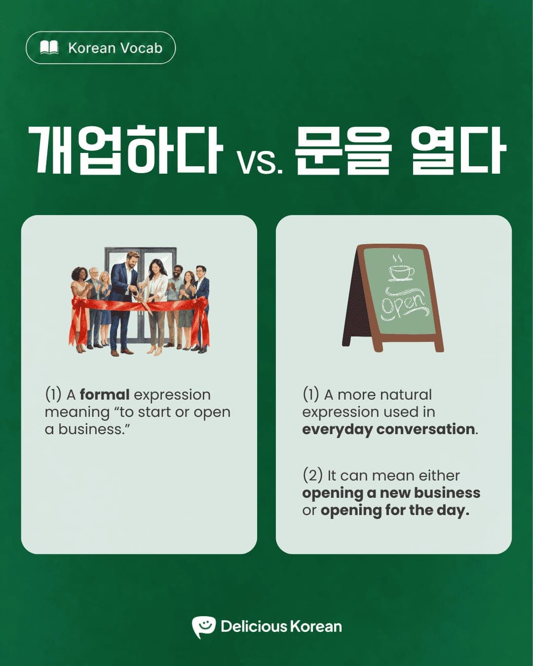 Comparison of the Korean expressions 개업하다 and 문을 열다.