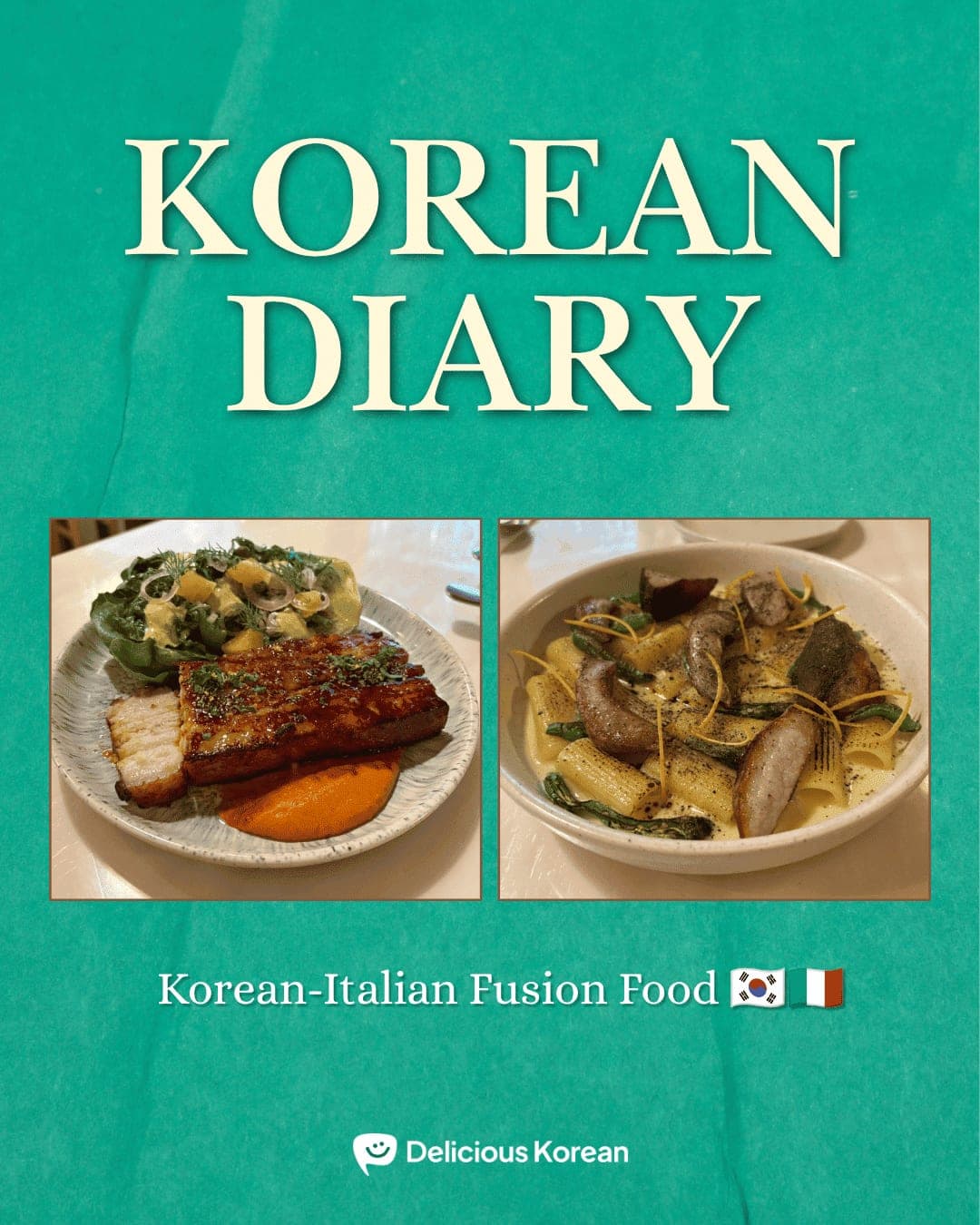 Korean-Italian fusion food featuring pork belly and pork jowl pasta.